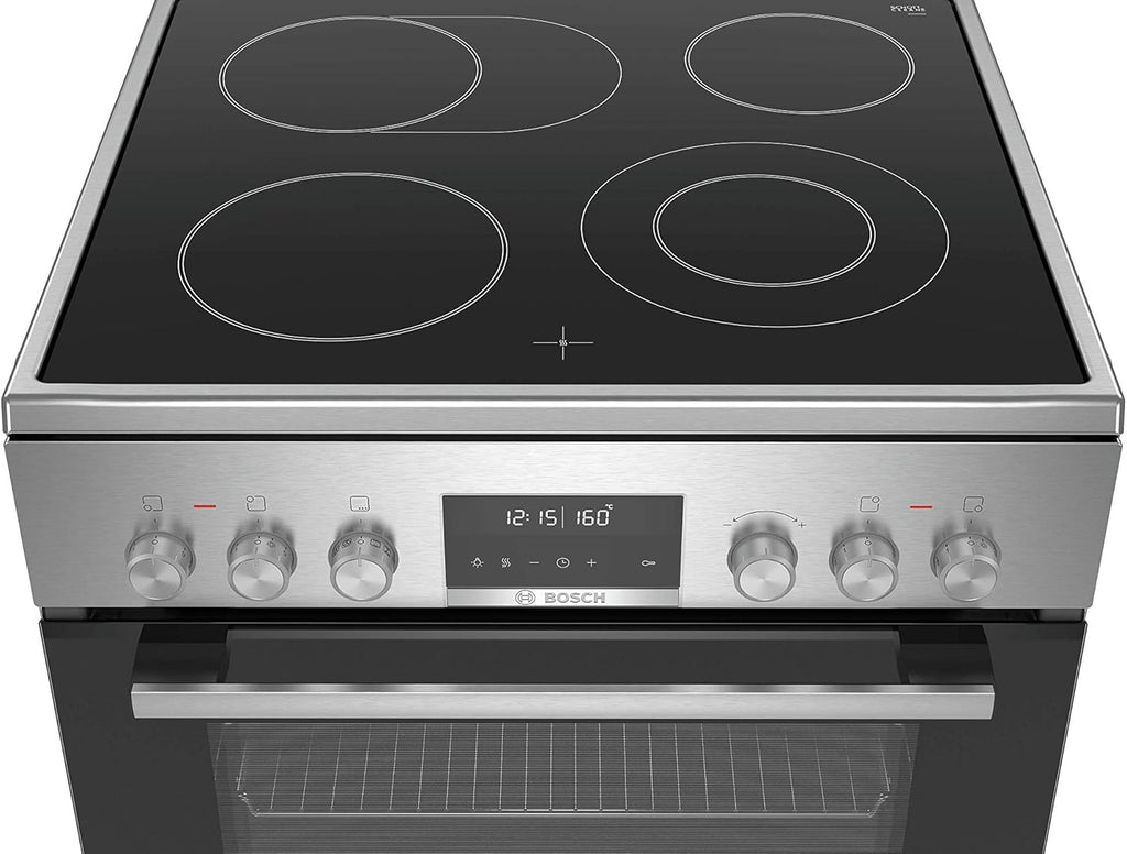 Bosch HKR39C250 Serie 4 Elektro-Standherd, 60 cm breit, EcoClean Direct Reinigungshilfe, 3D Heißluft Backen auf 3 Ebenen, LED-Display-Steuerung, erweiterbare Kochzone für großes Kochgeschirr