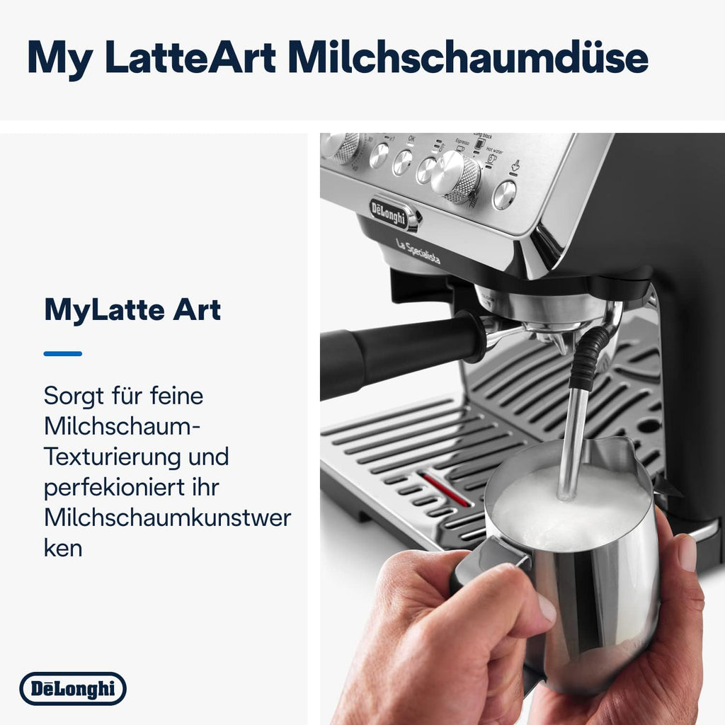 De'Longhi La Specialista Arte EC9155.MB Siebtrgermaschine, Espressomaschine mit Mahlwerk, 8 Mahlgrade, 15 Bar, 3 Temperaturen, Milchschaumdüse, 1300 W, 1,5 l Tank, Edelstahl/Schwarz inkl. Barista-Kit