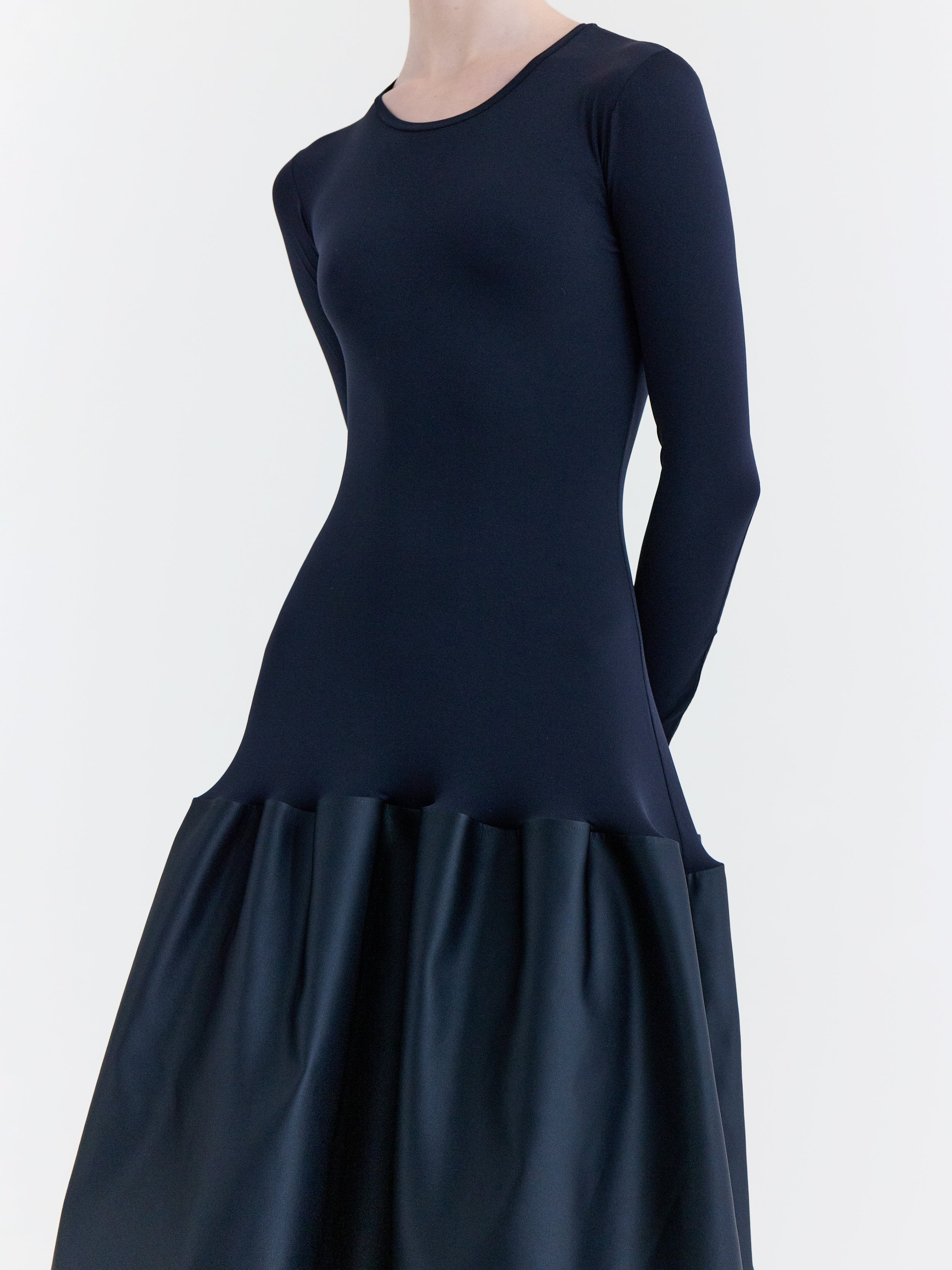 Black Stretch Jersey & Duchesse Satin Fitted Drop-Waist Gown