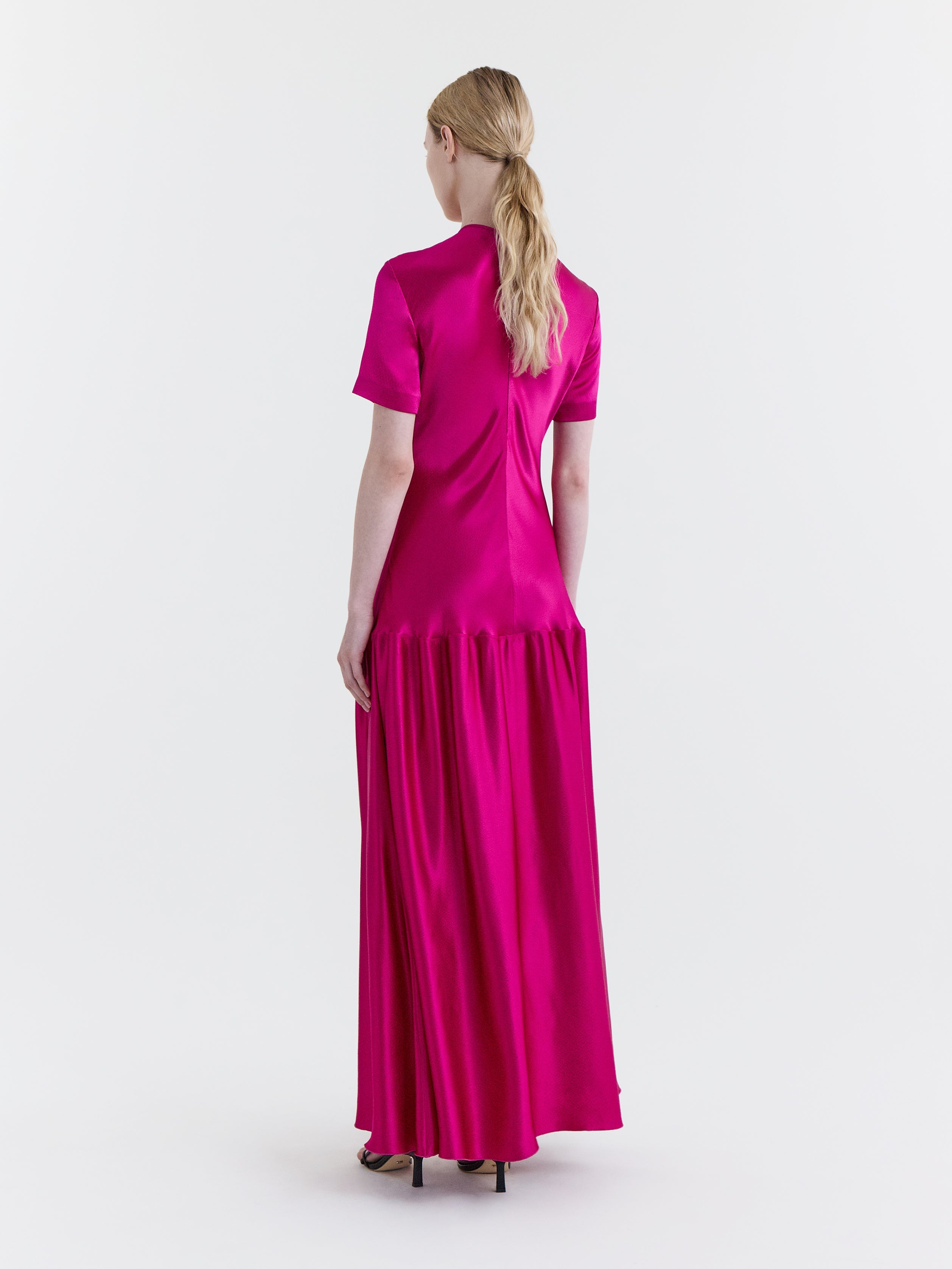 Fuchsia Hammered Satin Short-Sleeve Bias-Cut Drop-Waist Dress