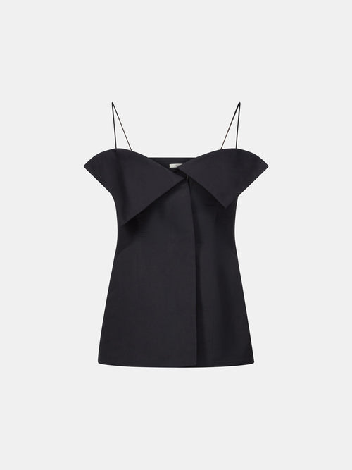 Black Cotton Silk Faille Tailored Camisole with Folded Neckline Detailing