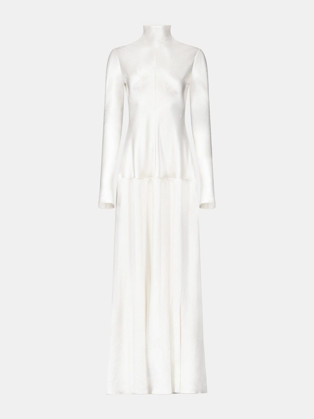 Cream Hammered Satin Bias-Cut Long Sleeve Drop-Waist Dress