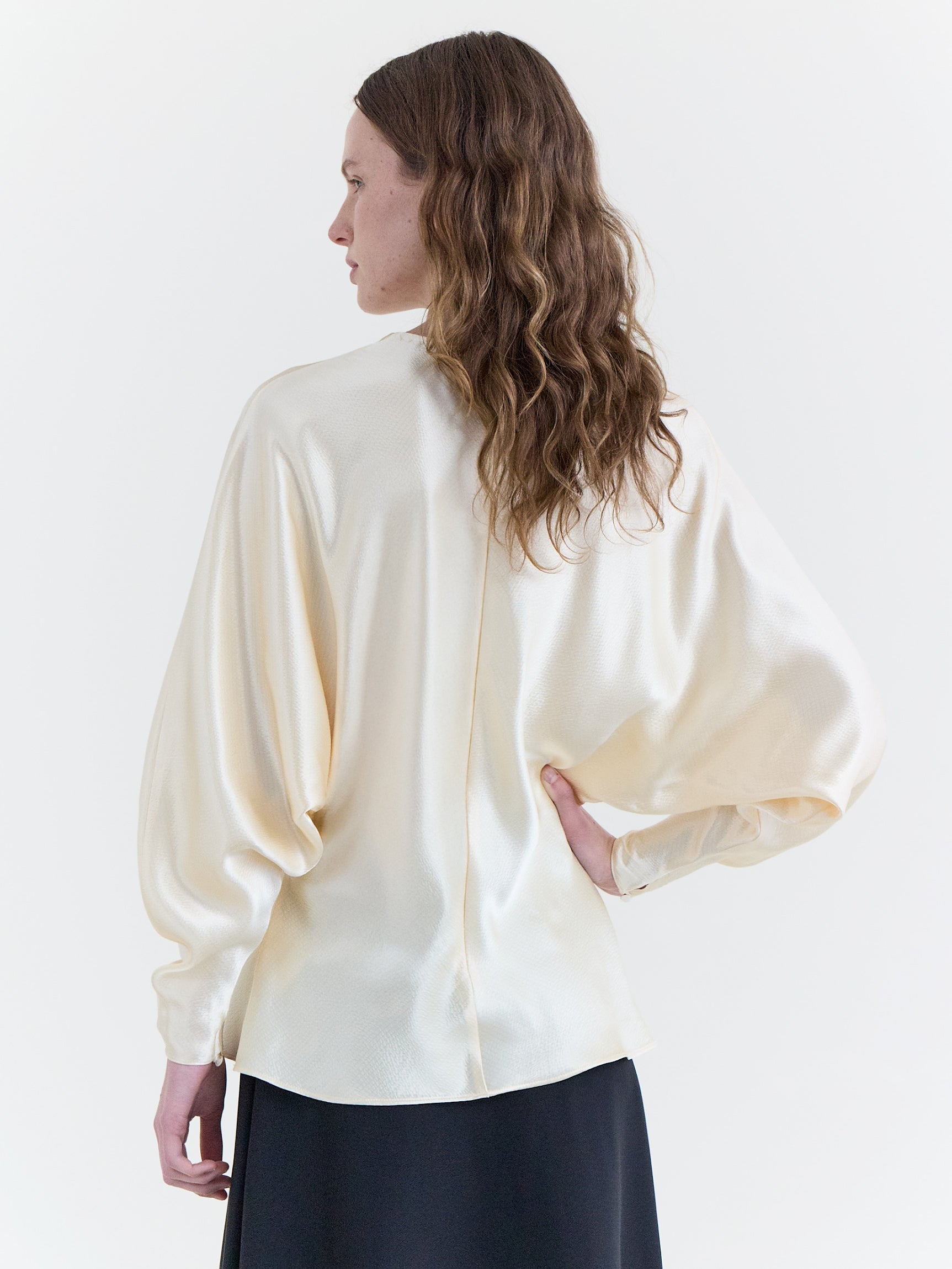 Cream Hammered Satin Bias-Cut Long Sleeve Top