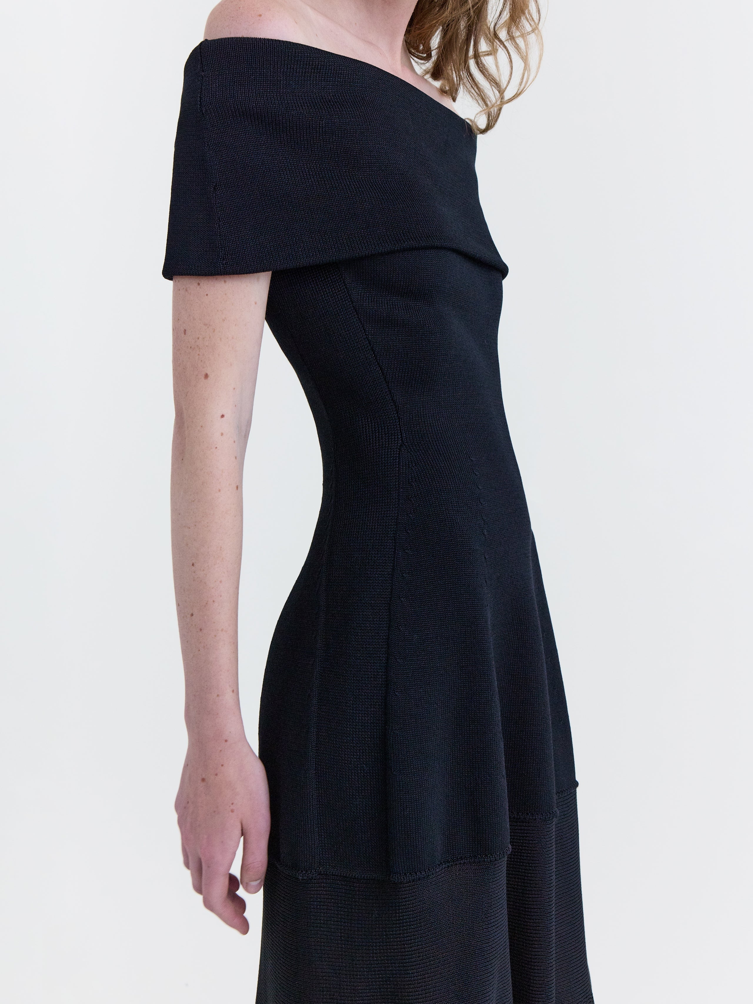 Black Viscose Cotton Blend Knit Off-Shoulder Sculpted Gown