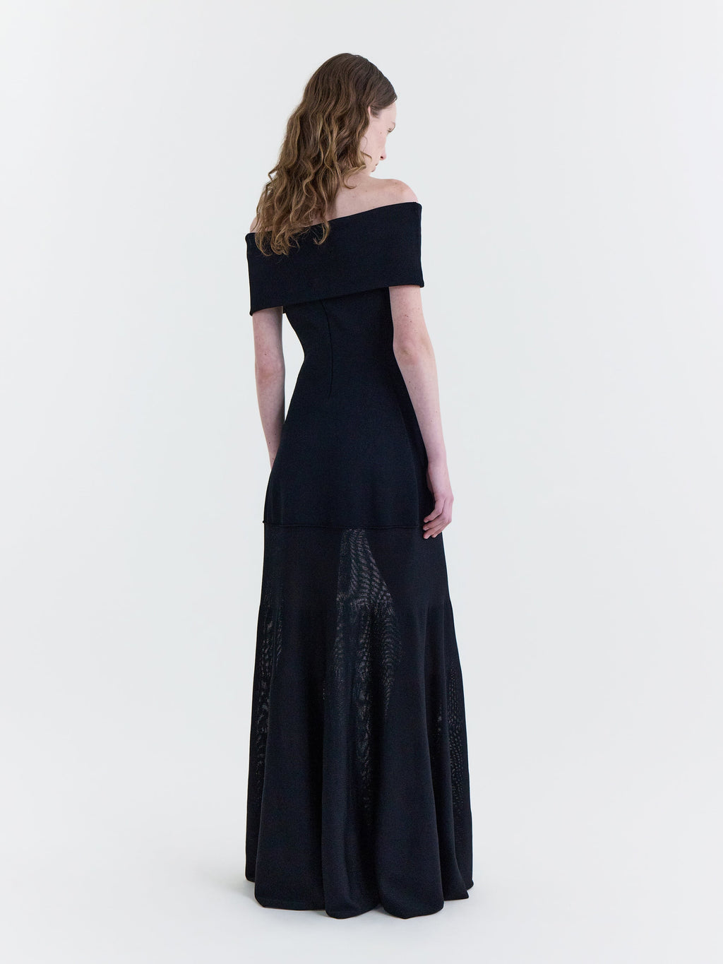 Black Viscose Cotton Blend Knit Off-Shoulder Sculpted Gown