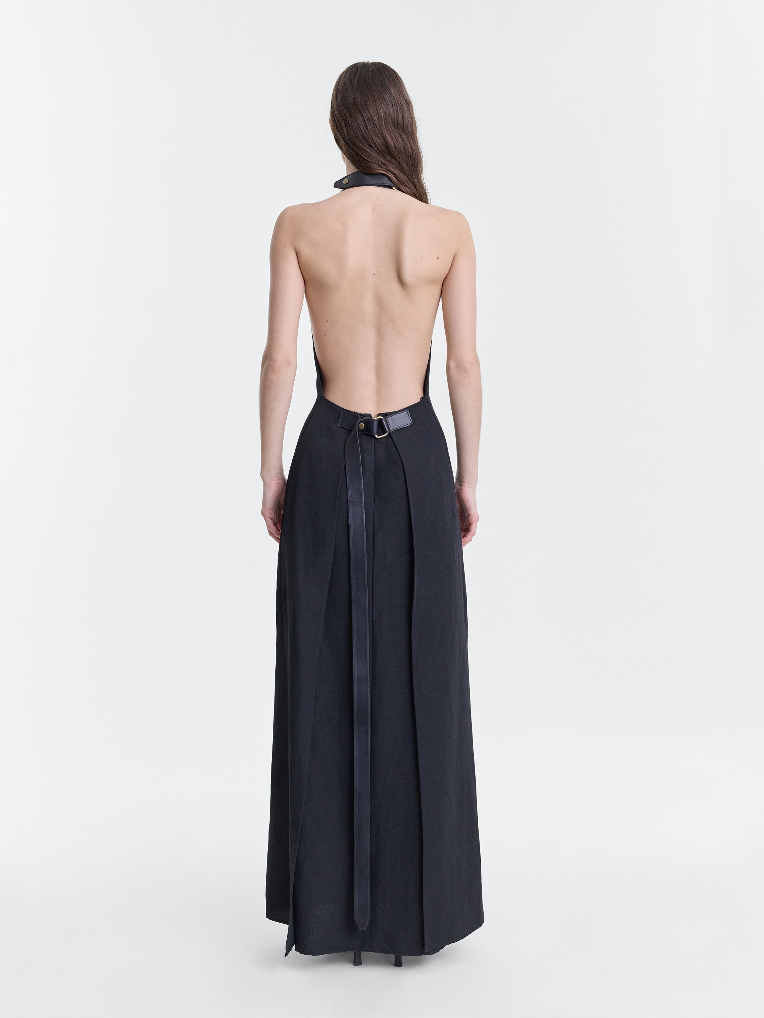 Black Lightweight Crepe Halter-Neck Dress with Leather Belt
