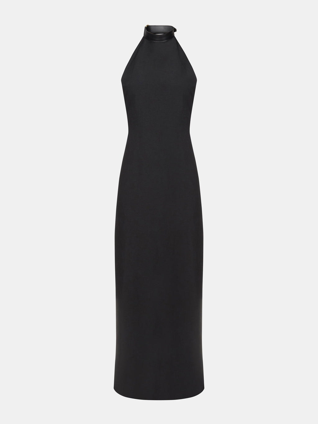 Black Lightweight Crepe Halter-Neck Dress with Leather Belt