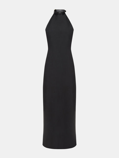 Black Lightweight Crepe Halter-Neck Dress with Leather Belt