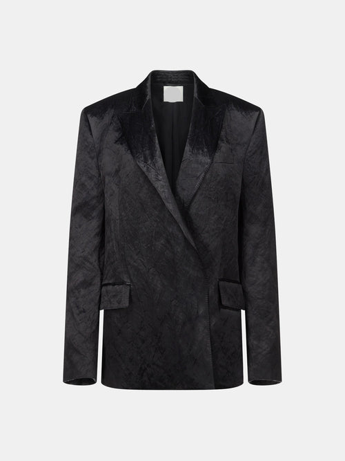 Black Coated Metallic Cotton Double-Breasted Blazer